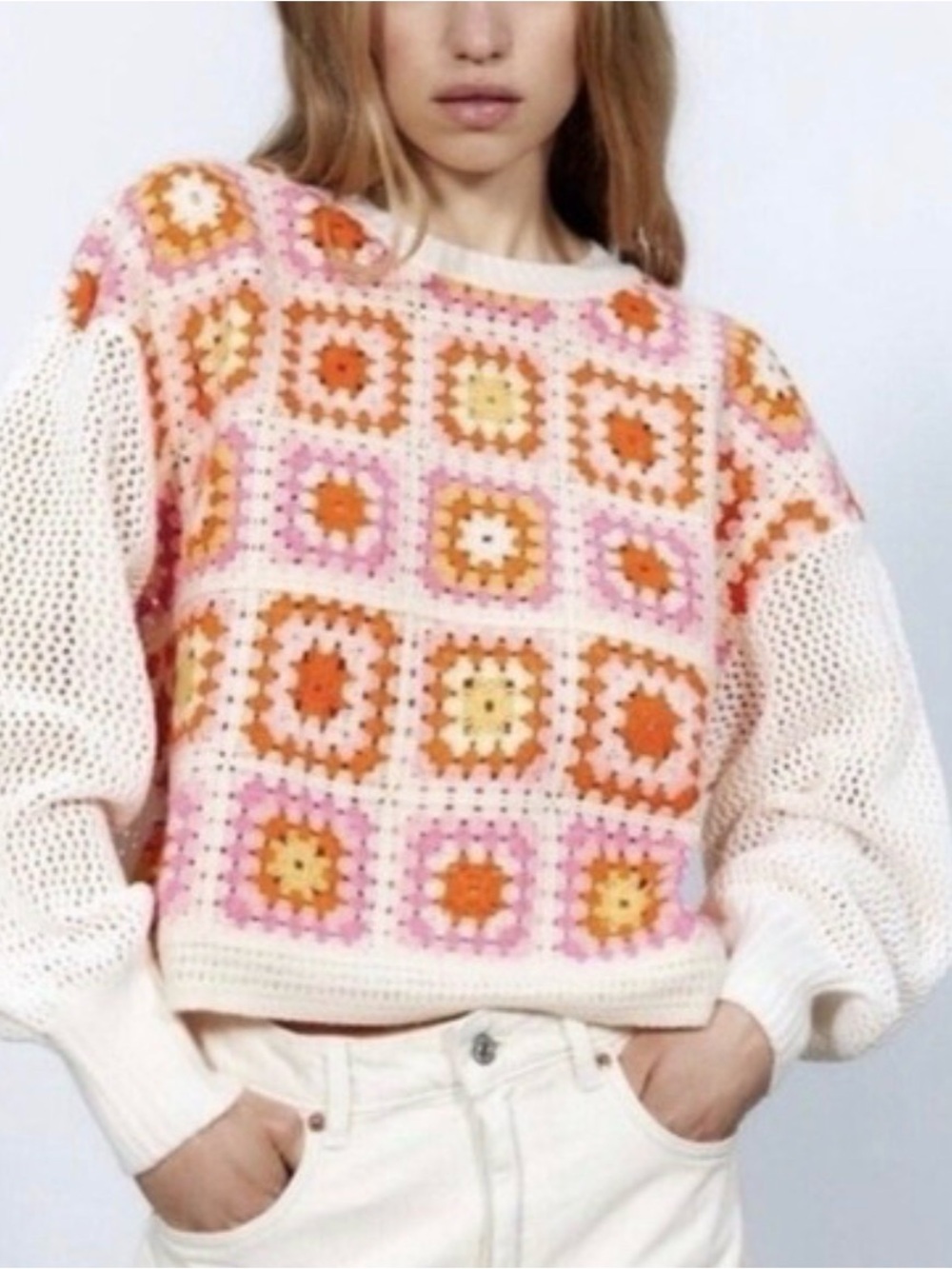 Zara Crochet Chenille Granny Square Patchwork Tutti Sweater Sz S